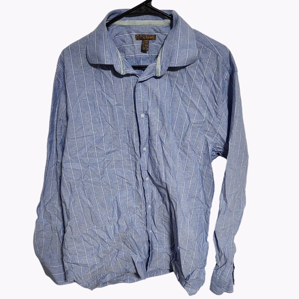 Blue Brand Button Up Shirt Mens Size XL White Striped Long Sleeve Work Going Out